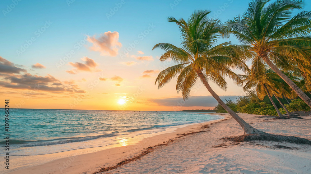 Fototapeta premium Vacation Paradise: Sunset on a Beach with Palm Trees