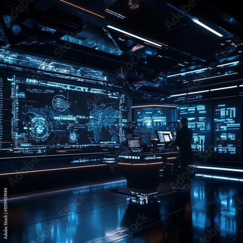 A futuristic control room filled with glowing digital screens