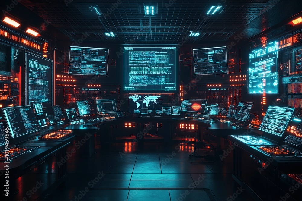 A futuristic control room filled with glowing digital screens