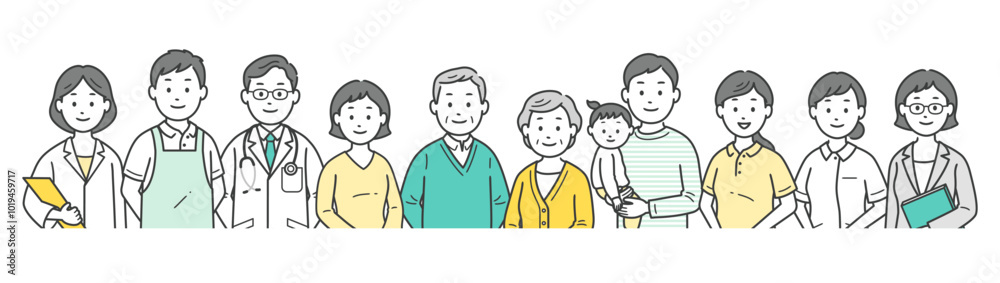高齢者夫婦と家族と医師と看護師と介護士とケアマネージャー栄養士が集合した上半身イラスト 高齢者夫婦と家族と医師と看護師と介護士とケアマネージャー栄養士が集合した上半身イラスト