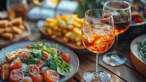 Aperol Spritz with Salad and Fries on a Wooden Table Summer Drinks and Food