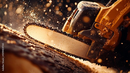 Close-up of a Chainsaw Cutting Through a Log