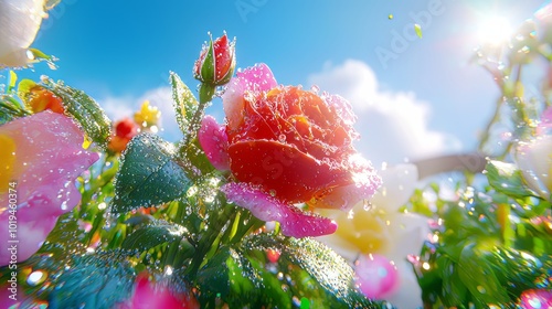 vibrant rose with dewdrops glistens in sunlight, surrounded by colorful blooms. scene captures beauty of nature, evoking feelings of freshness and joy