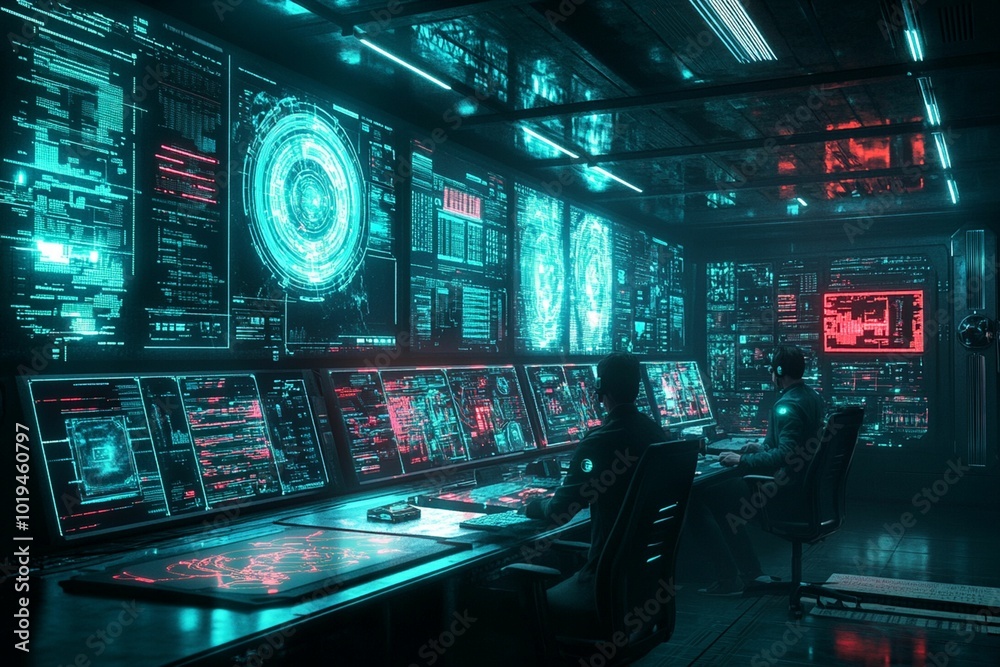A futuristic control room filled with glowing digital screens