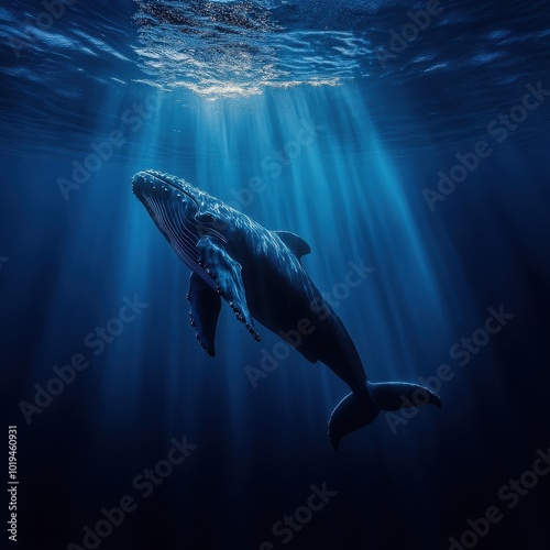 Humpback Whale in Deep Blue: A majestic humpback whale glides gracefully through the depths of the ocean, bathed in ethereal light.  The image evokes a sense of wonder and serenity.
