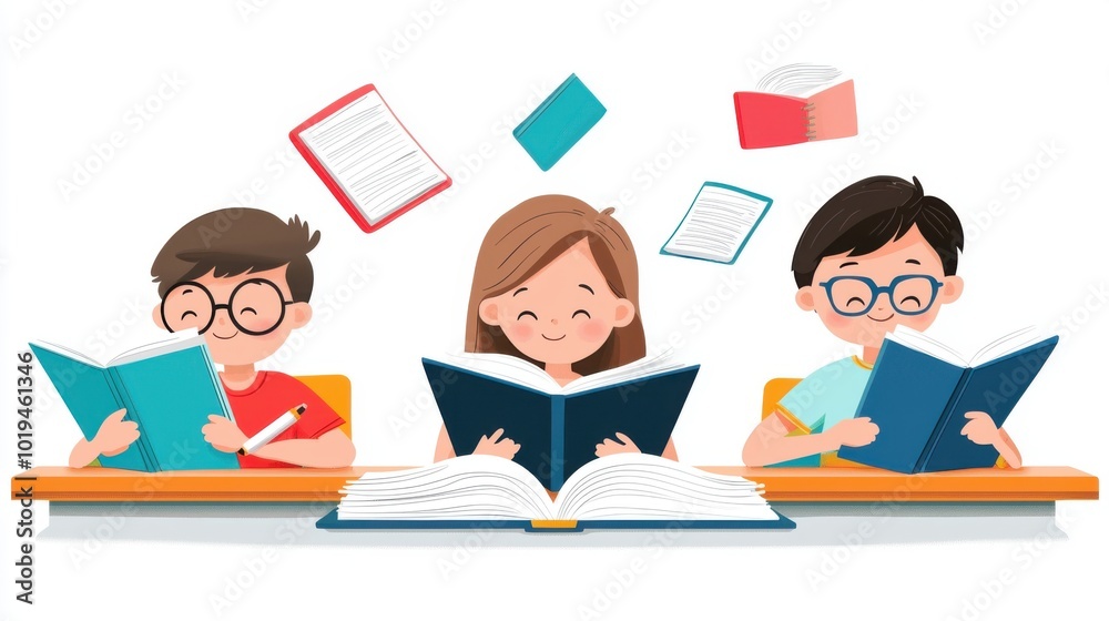 Cartoon-style students reading and writing in their notebooks while studying at their desks in a classroom Cartoon-style students reading and writing in their notebooks while studying at their desks in a classroom