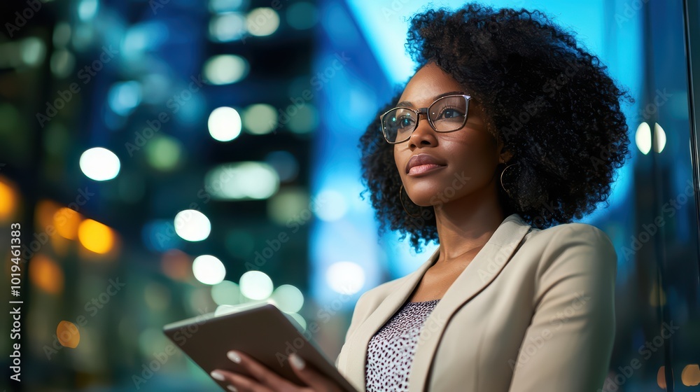 Smart Business Woman. A well-dressed business woman looking confidently into the distance, holding a tablet, representing leadership and technology. Smart Business Woman. A well-dressed business woman looking confidently into the distance, holding a tablet, representing leadership and technology.