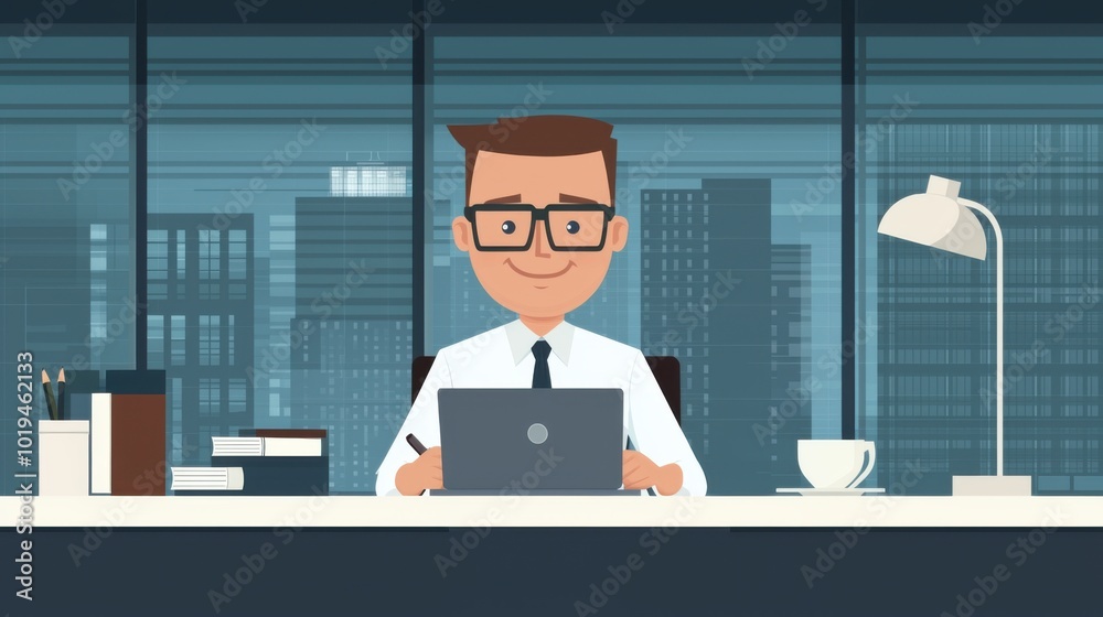 Cartoon-style office worker writing notes at a desk with a laptop and coffee in a flat vector office scene Cartoon-style office worker writing notes at a desk with a laptop and coffee in a flat vector office scene