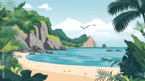 Simple 2D flat cartoon of a Jurassic coastline with rocky shores and tropical vegetation in modern vector style