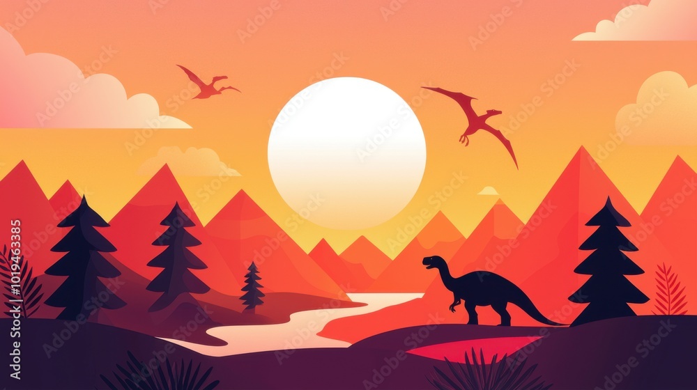 Fototapeta premium Modern flat vector of a Jurassic landscape with cliffs, rivers, and prehistoric plants under a sunset sky