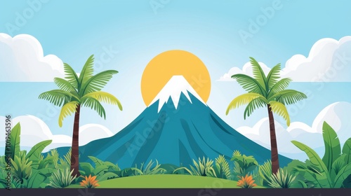 Flat 2D vector of a Jurassic landscape with volcanoes and tropical plants under a bright blue sky