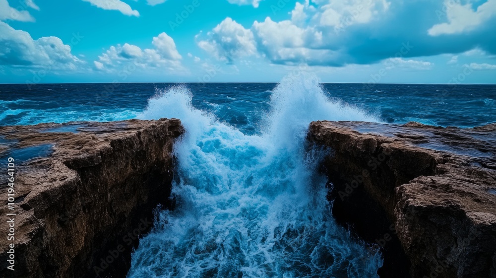 Fototapeta premium Dramatic Ocean Waves Crashing on Rocky Coastline with Blue Sky