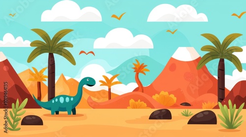 Jurassic landscape with palm trees and rocky hills, depicted in flat modern vector style, with no dinosaurs