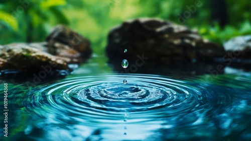 Water Droplet Splashing in Blue Pond with Ripples and Rocks