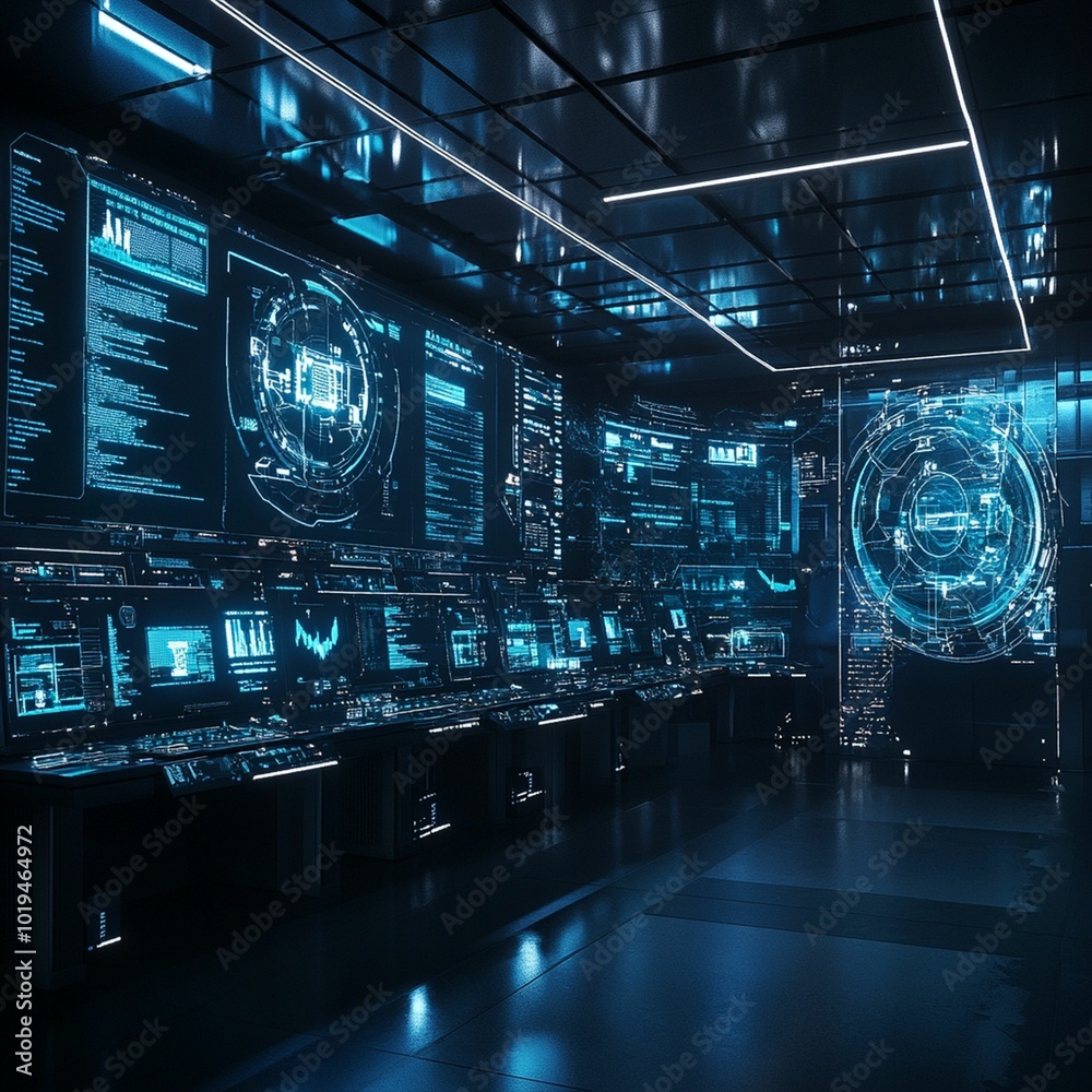 A futuristic control room filled with glowing digital screens A futuristic control room filled with glowing digital screens