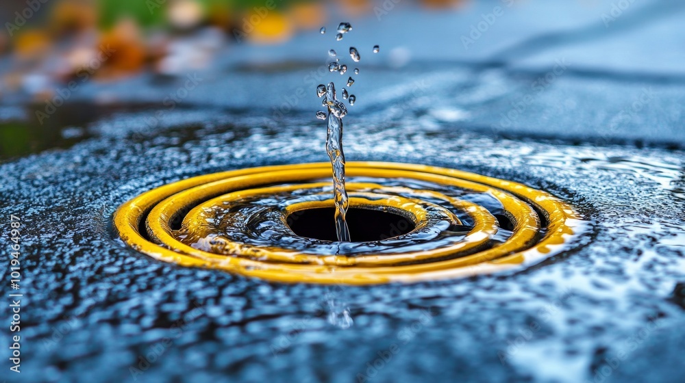 Water Droplet Splashing in Circular Drain with Yellow Rim Water Droplet Splashing in Circular Drain with Yellow Rim