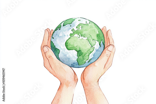 A watercolor illustration of single green Earth cradled in two hands, symbolizing care and protection for planet. This artwork evokes sense of responsibility and love for our environment