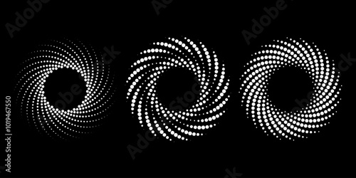 Set of white  dotted vortex shapes. Geometric art. Halftone dots. Trendy design element for logo, tattoo, sign, symbol, web, prints, posters, social media, templ