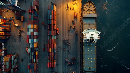 Aerial view of a large container ship docked at a busy port terminal with colorful stacked shipping containers. Cargo handling and logistics concept.