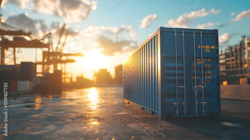 Blue shipping container standing at a port terminal during sunset. Logistics and transportation concept.