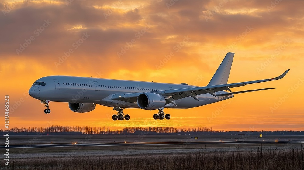 White Airplane Landing on Runway at Sunset White Airplane Landing on Runway at Sunset