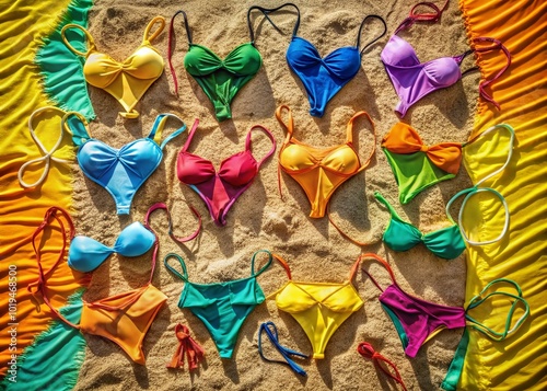 Vibrant and Colorful String Bikinis Displayed on a Beach Towel Under the Bright Summer Sunlight