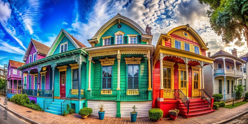 Obraz premium Vibrant and Colorful Traditional Houses in New Orleans Showcasing Unique Architectural Styles