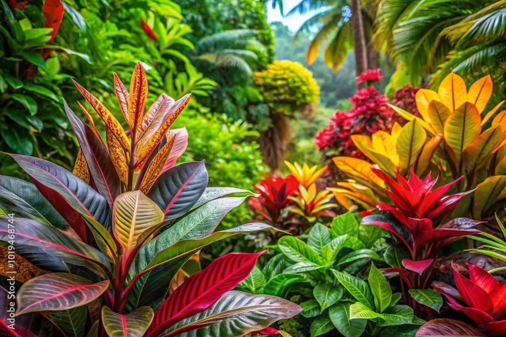 Fototapeta premium Vibrant and Colorful Tropical Plants with Upright Leaves in a Lush Garden Setting Under Sunlight