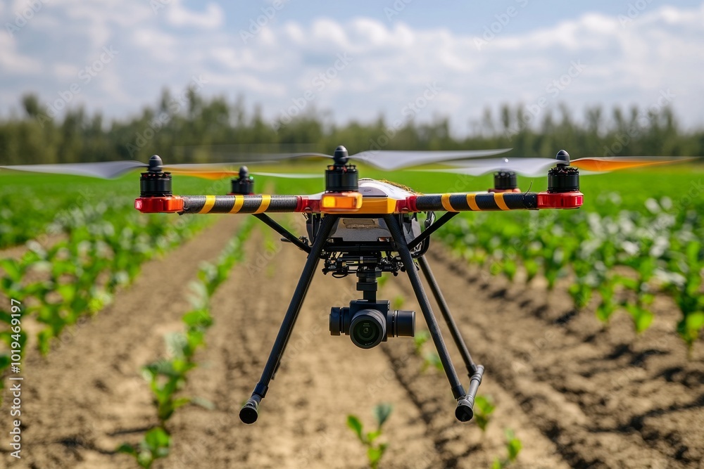 Realistic image of a farmer using drones to plant seeds in a rural field, reflecting the use of modern farming techniques introduced by rural innovation Realistic image of a farmer using drones to plant seeds in a rural field, reflecting the use of modern farming techniques introduced by rural innovation