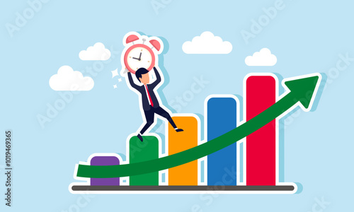 A businessman carrying an alarm clock climbs a rising graph, illustrating how an efficient team performance boosts the company's success.