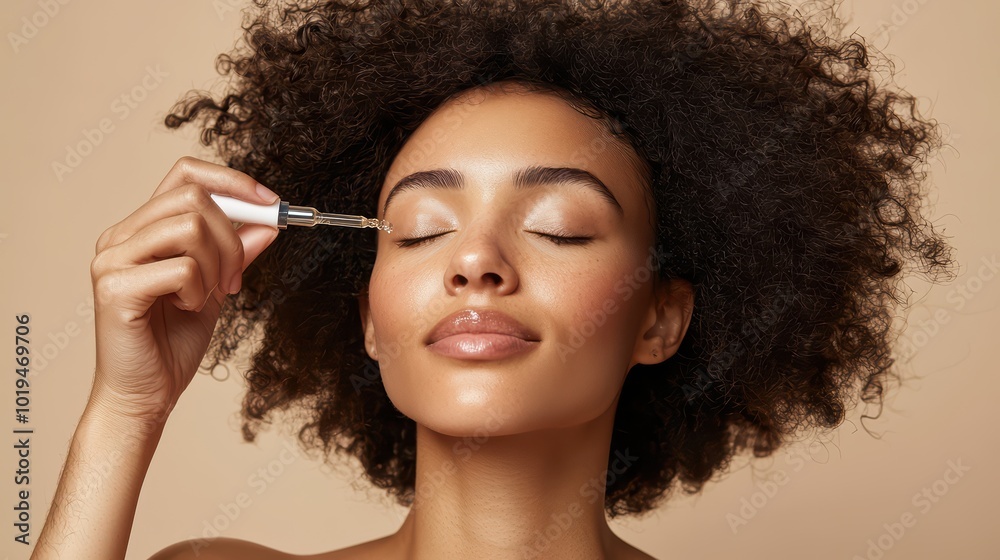 Fototapeta premium A woman gently applying face serum, hands holding the dropper. for skincare advertising.
