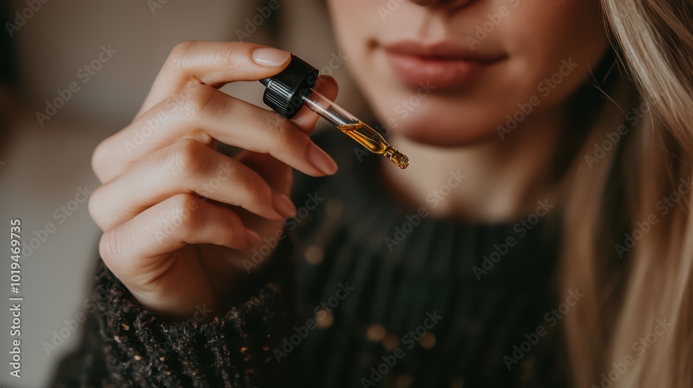 A woman gently applying face serum, hands holding the dropper. for skincare advertising. A woman gently applying face serum, hands holding the dropper. for skincare advertising.