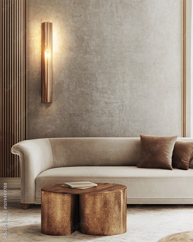 custom made wallpaper toronto digitalA modern living room interior with a beige sofa, a brown coffee table, and a wall lamp.