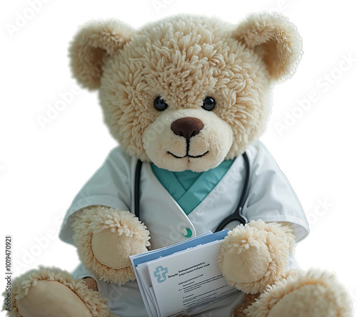 Teddy bear wearing doctor's clothes and holding medical records on transparent background photo