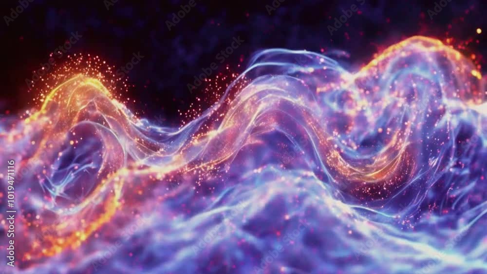 Abstract waves of glowing light with sparkling particles create a mesmerizing visual effect. Abstract waves of glowing light with sparkling particles create a mesmerizing visual effect.