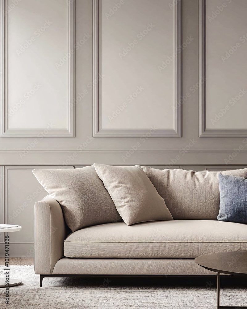 Fototapeta premium A modern sofa with beige upholstery and pillows, set against a wall with white molding.