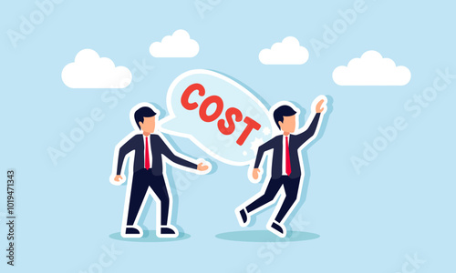 A businessman is pushed down by a text bubble saying "COST" from another businessman, illustrating an employee's poor decision about costs that leads to financial instability.