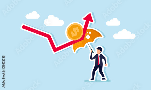 A businessman takes shelter under an umbrella from red dollar coin arrows, illustrating insurance against asset damage.