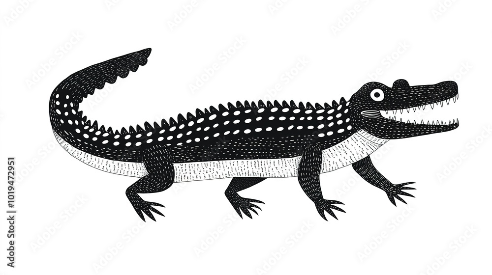 Fototapeta premium Minimalistic Black and White Illustration of a Crocodile or Alligator, Stylized Design with Elongated Body, Curved Tail, Sharp Teeth, and Textured Skin, Bold Line Art