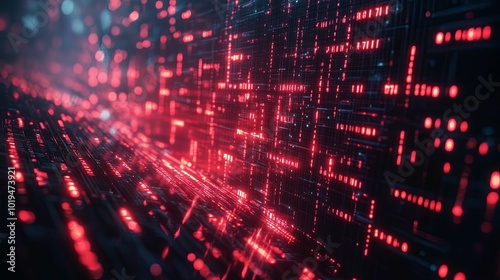 Abstract Digital Data Wall With Red Glowing Lights