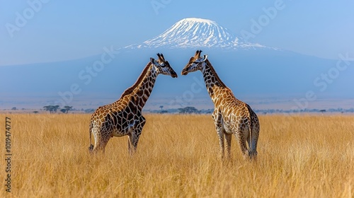 giraffes standing face-to-face in the golden savannah of Africa  with the majestic Mount Kilimanjaro rising in the background  symbolizing wildlife harmony in nature.