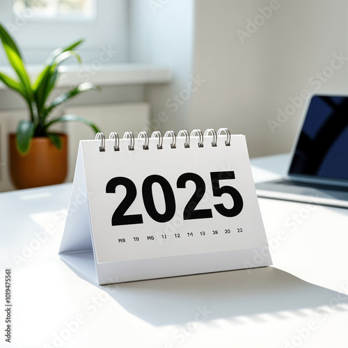 The Year 2025 Stands Out on a Clean Desk Calendar. This crisp image of a 2025 desk calendar evokes planning, goals, and the future. Ideal for websites, presentations, and marketing materials.