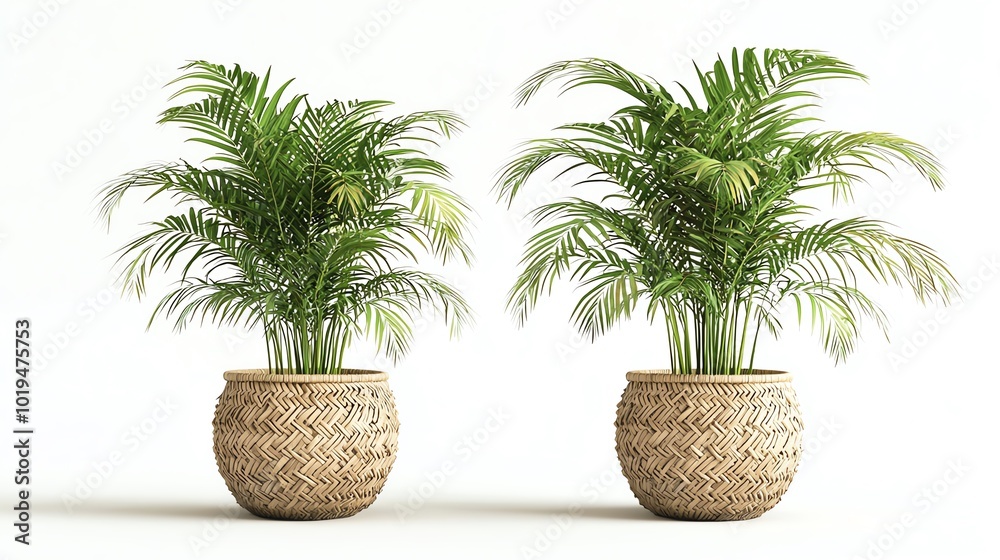 Fototapeta premium Pair of lush green potted plants in stylish woven baskets, white isolated background.