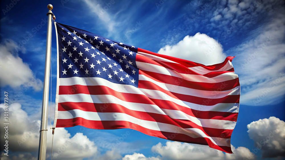 Obraz premium American flag unfurled, symbolizing freedom and patriotism under a vibrant cloudscape.”