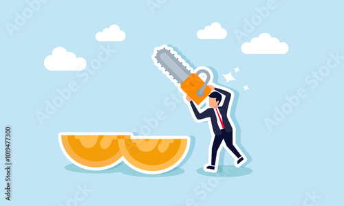 A businessman with a chainsaw cuts a dollar coin, illustrating the act of sharing profits or dividends with company shareholders