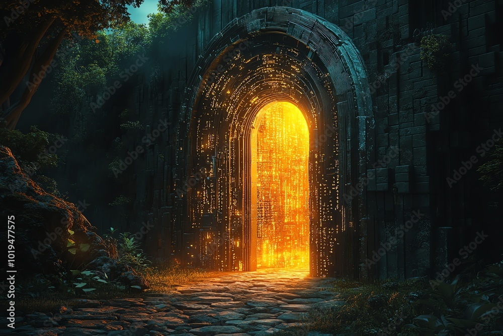 Mysterious glowing doorway in a lush, enchanted forest. Mysterious glowing doorway in a lush, enchanted forest.