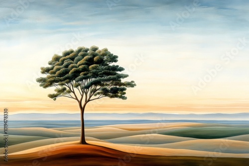 Watercolor painting of a single tree standing alone in a vast field, with soft colors blending into one another to symbolize unity and monism photo