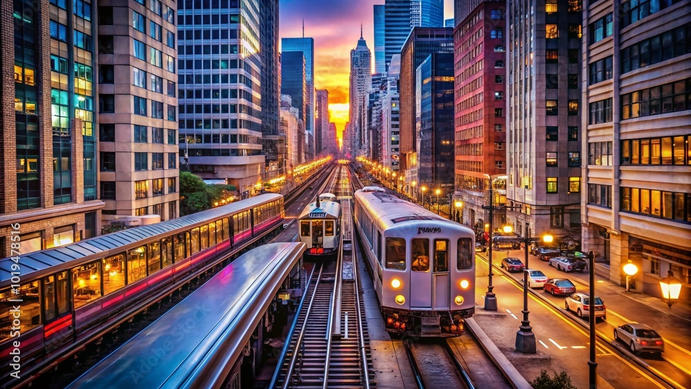 Obraz premium Vibrant Chicago Mass Transit System with Train, Bus and Urban Landscape in a Bustling City Scene