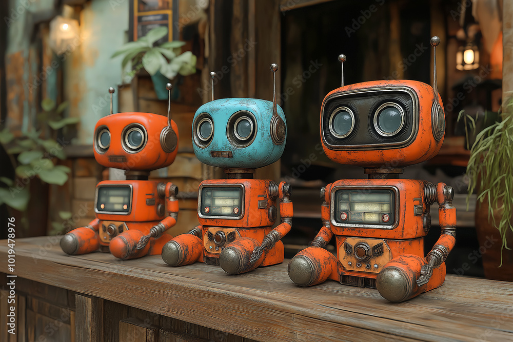 Fototapeta premium Three cute vintage robot toys at home, Generative AI image. 
