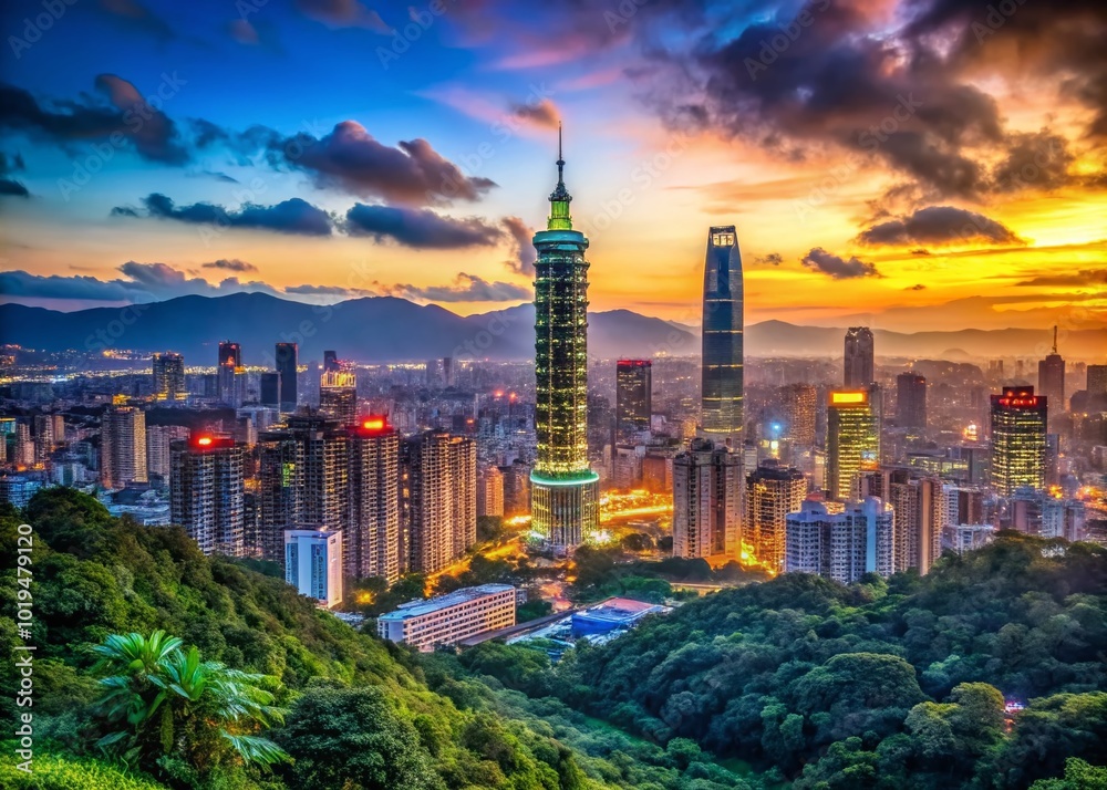 Naklejka premium Vibrant Cityscape Along the Taiwan Strait Showcasing Modern Architecture and Natural Beauty